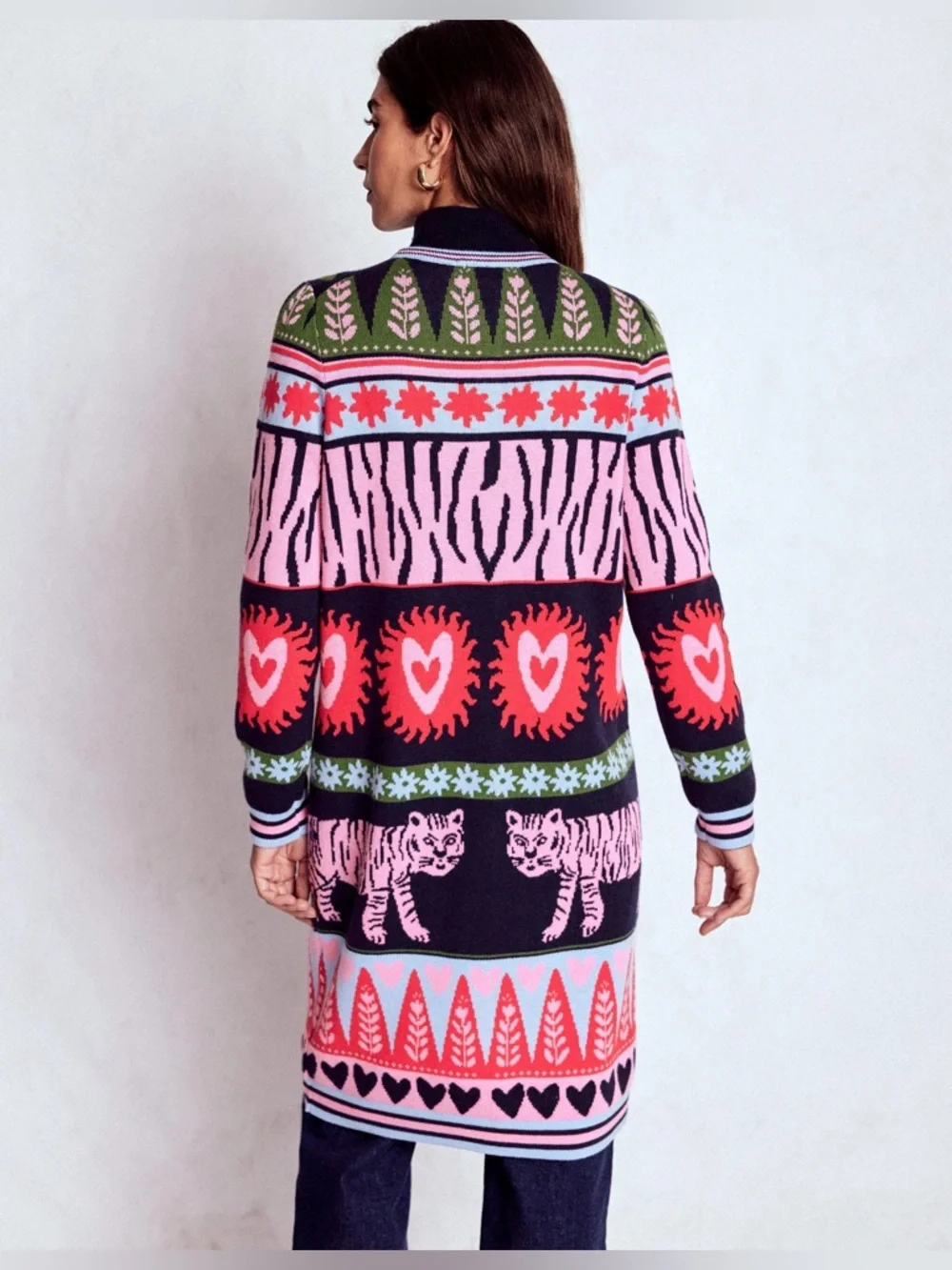 Boden Tigers Long Jacquard Cardigan Navy Pink Size S - Picture 4 of 10